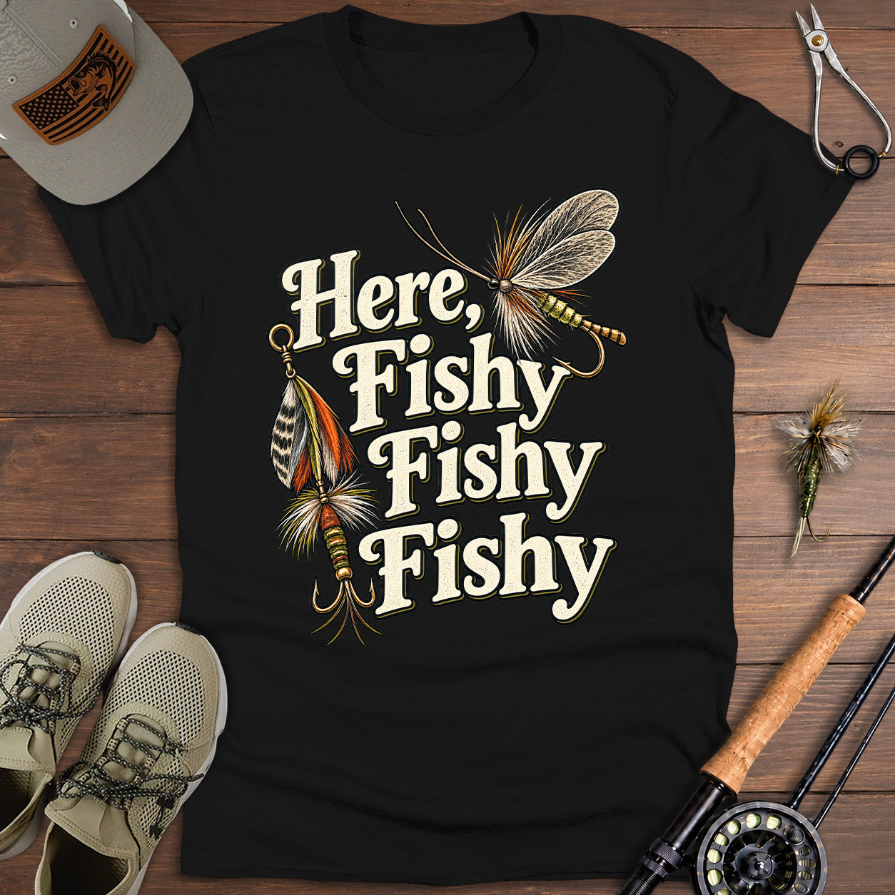 Here Fishy Vintage Fly-Fishing T-Shirt