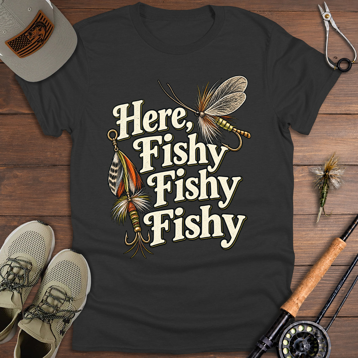 Here Fishy Vintage Fly-Fishing T-Shirt