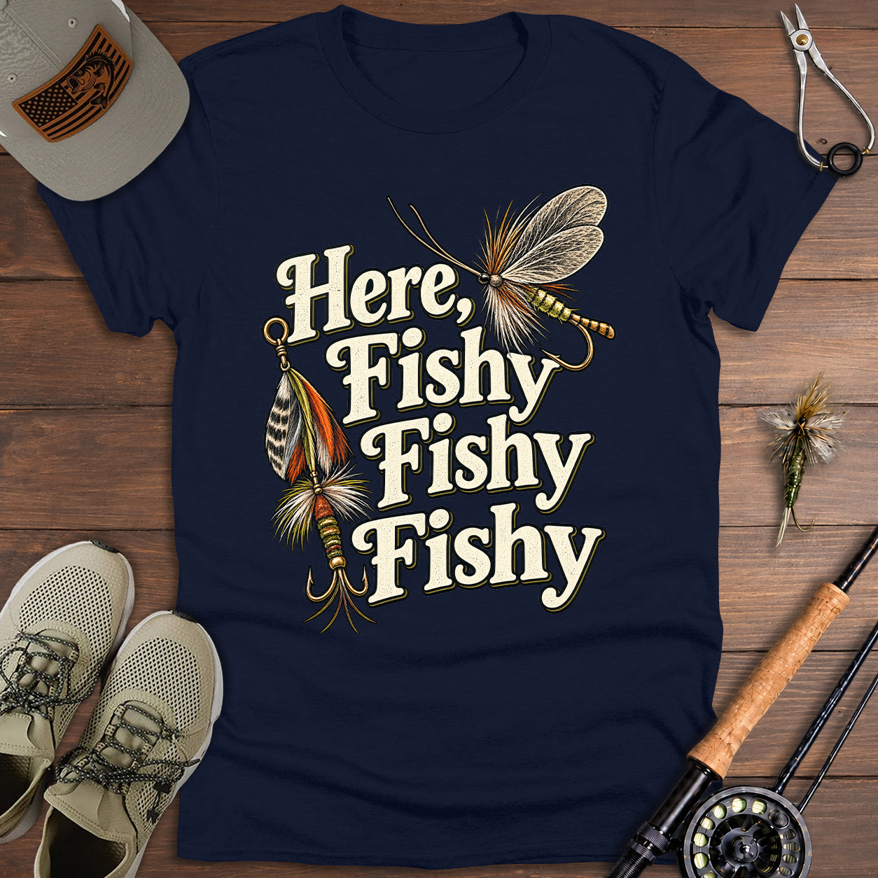 Here Fishy Vintage Fly-Fishing T-Shirt